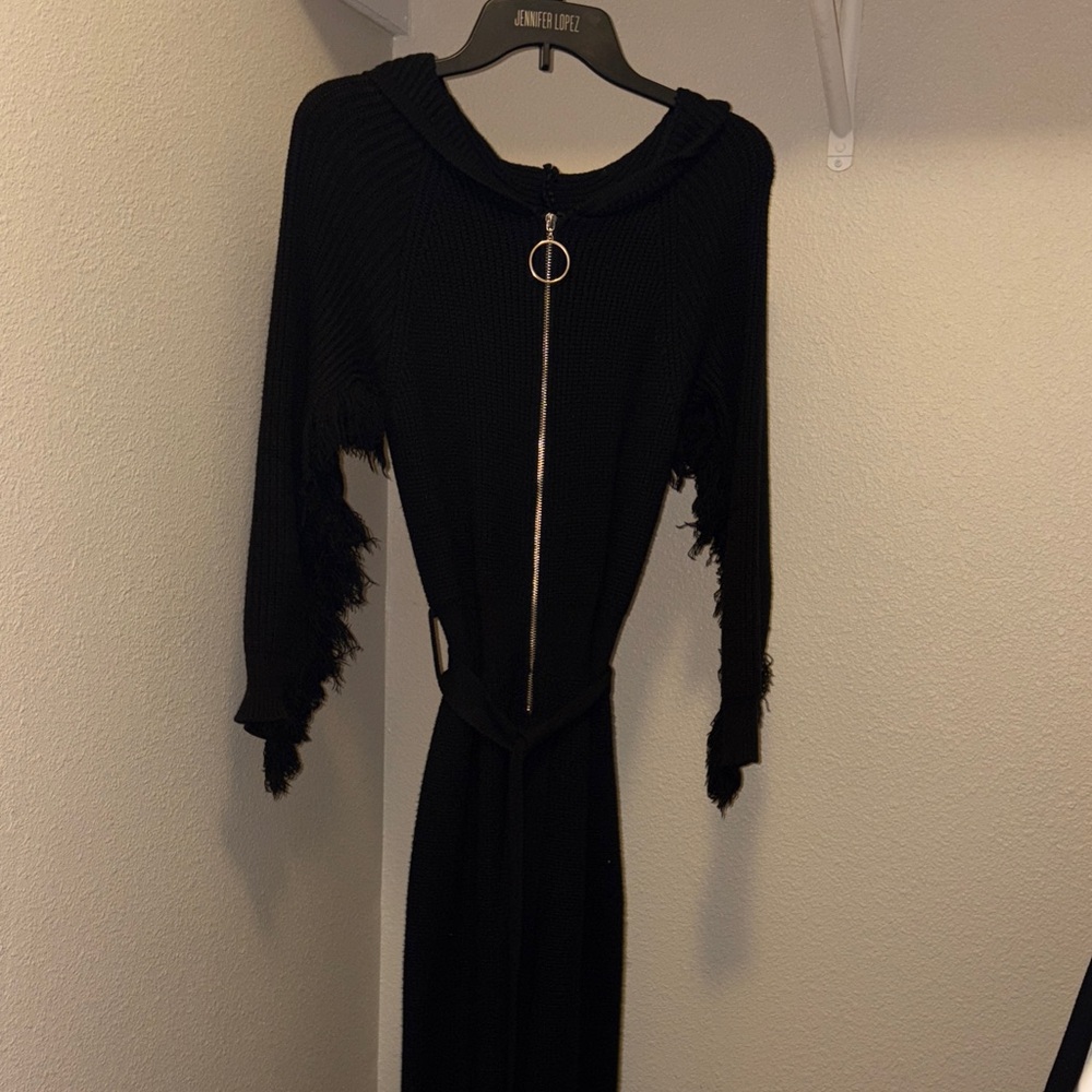 Love Sense Black Fringe Hoodie Bodysuit with Belt Size M Thick Stretchy